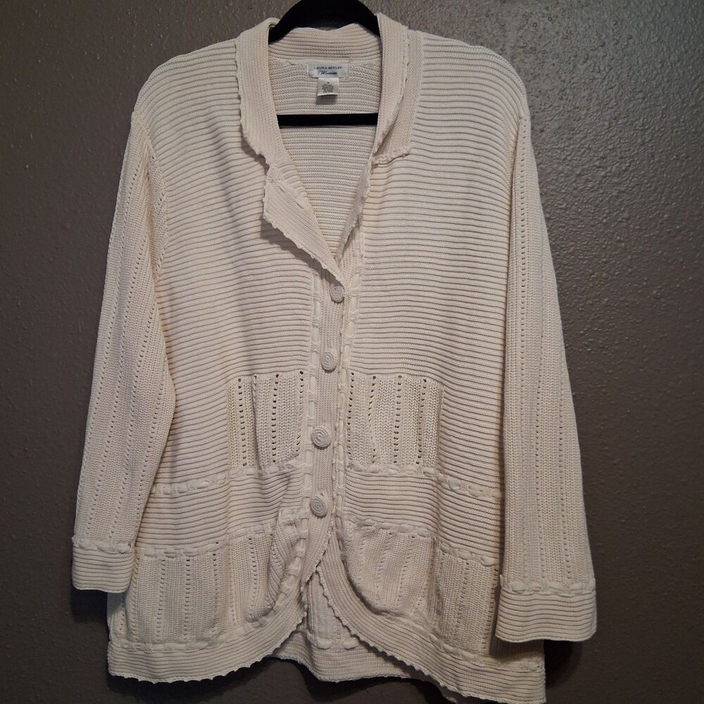 Laura Ashley 1x Cardigan Sweater Button Cream Silk Blend Crochet Cottagecore